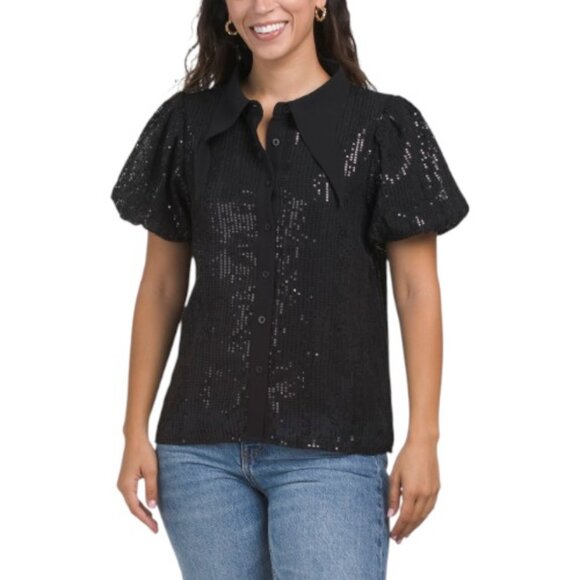 Gracia Tops - GRACIA Shiny Mesh Small Dot Wing Collar Puff Sleeve Top